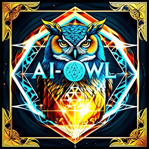 A stylized illustration of an owl with glowing eyes and geometric patterns, framed by a decorative border.